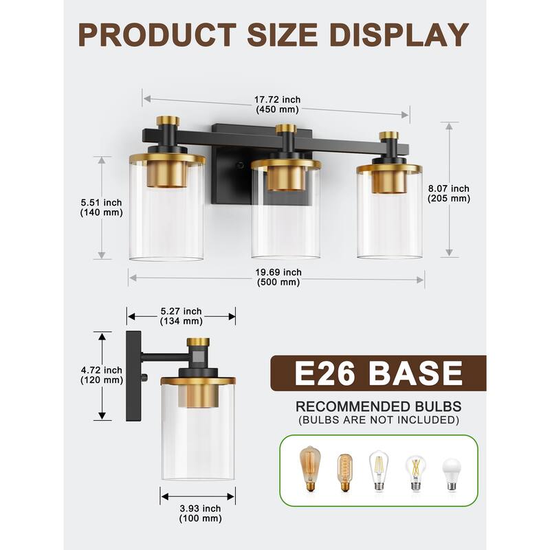 YANSUN 3-Light Vanity Light with Clear Cylindrical Glass Shades for Modern Bathrooms Black and Gold Finish Square Base and Rods