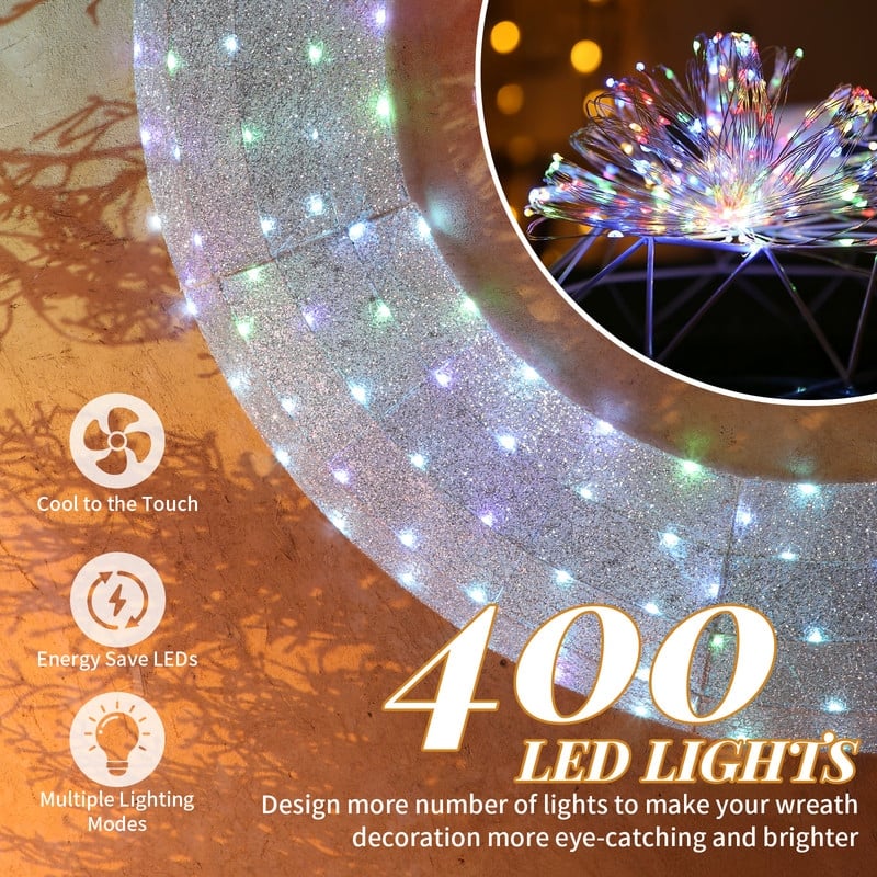 60in Pre-lit Outdoor Christmas Wreath Decoration, Lighted Metal Wreath with Pink Bow,for Front Door Gate Wall Holiday Party