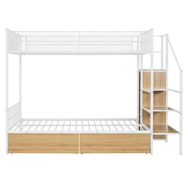 slide 2 of 12, Industrial Minimalist Twin Over Full Metal Bunk Bed with Drawer and Lateral Storage Ladder and Wardrobe White