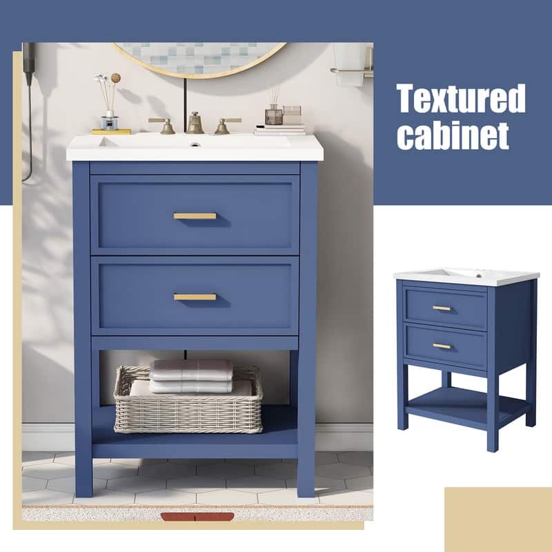 24" Bathroom Vanity with Top Single Sink, 2 Drawers and Shelf