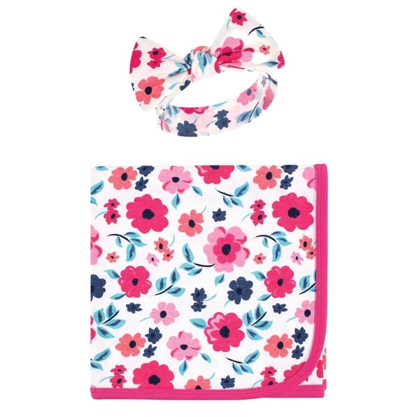 slide 1 of 1, Touched by Nature Baby Girl Organic Cotton Swaddle Blanket and Headband or Cap, Garden Floral, One Size One Size - Garden Floral