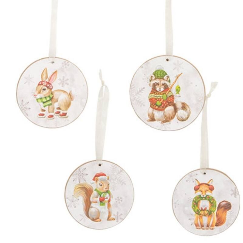 Winter Woodland Animal Ornaments with Fox, Raccoon, Squirrel, Bunny Holiday Decor 4 Asstd. - 3" Dia x 0.25" Deep