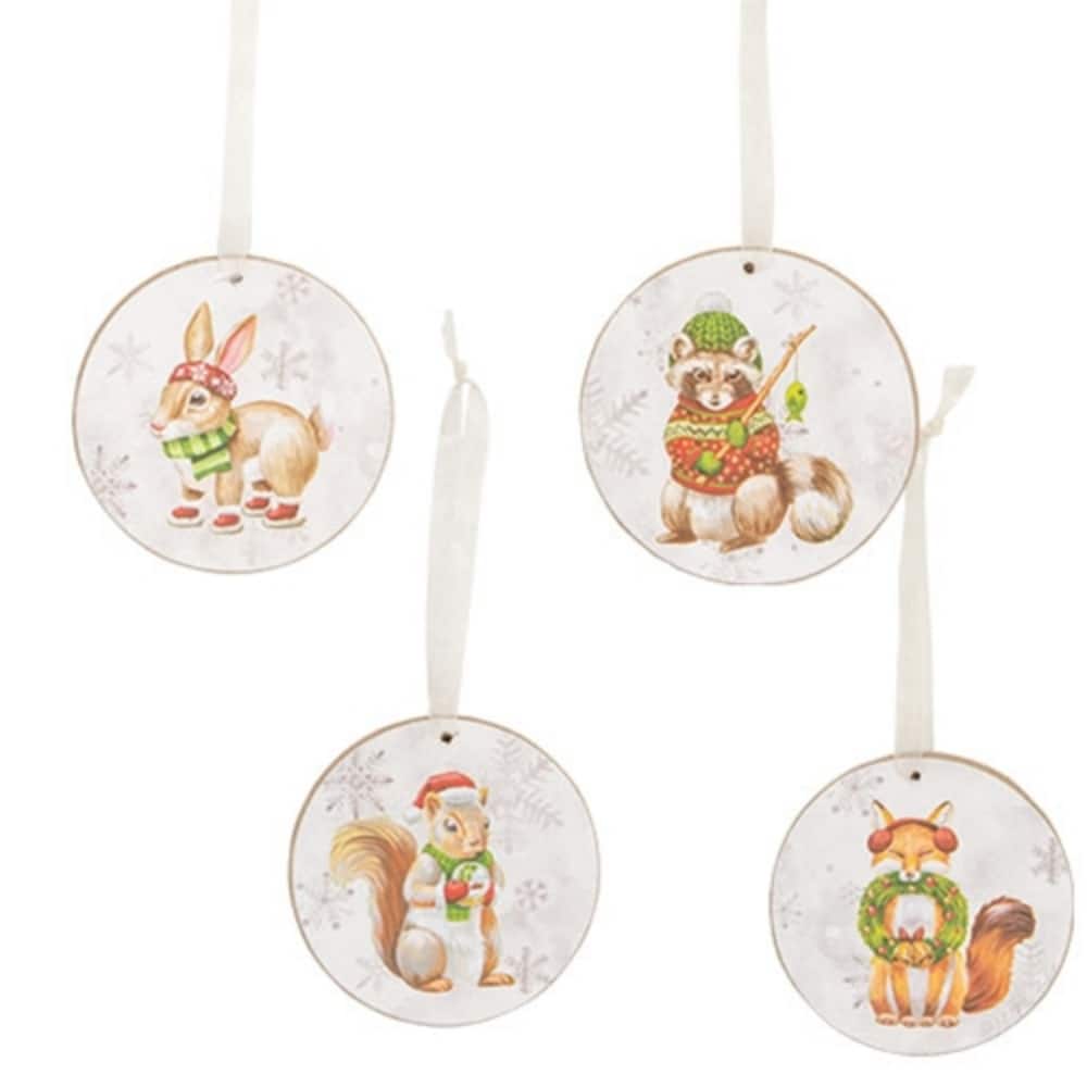 Winter Woodland Animal Ornaments with Fox, Raccoon, Squirrel, Bunny Holiday Decor 4 Asstd. - 3" Dia x 0.25" Deep