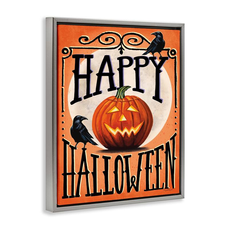 Stupell Happy Halloween with Crows Framed Floater Canvas Wall Art Design By Elizabeth Tyndall