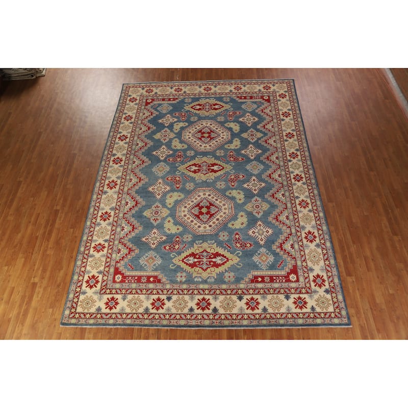 Hand Knotted Oriental 100% Wool Carpet Traditional Geometric Navy Blue & Blues Kazak Area Rug - 13' 7'' X 9' 10''