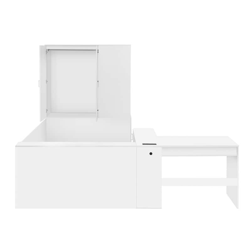 Full Size White Wooden Platform Bed with Storage, Desk, and Wardrobe