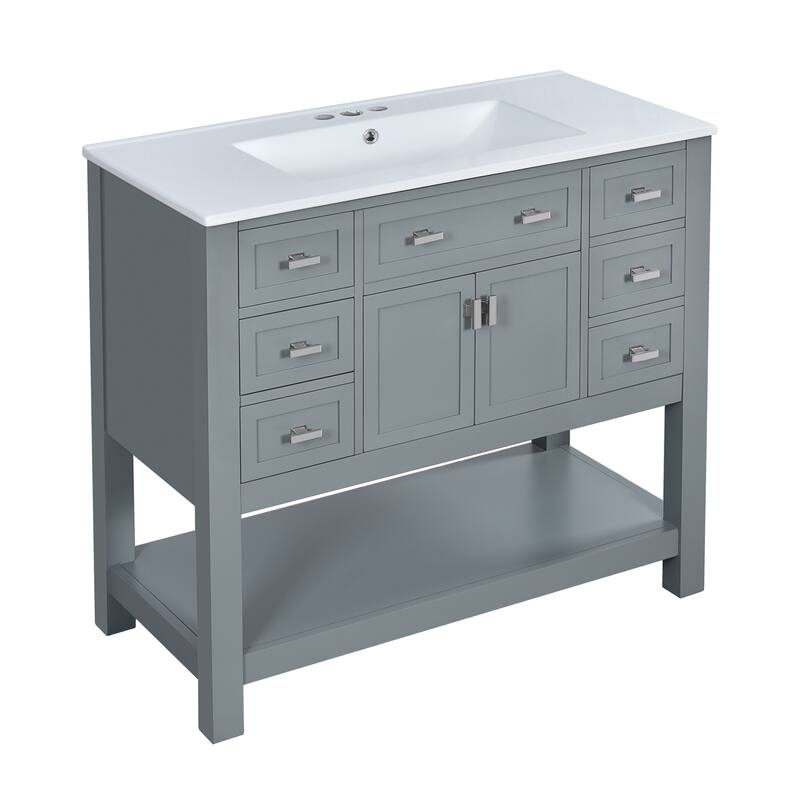 Bathroom Vanity with Sink, Freestanding Bathroom Storage Cabinet, Bathroom Vanities with 2 Doors, 6 Drawers & Open Shelf