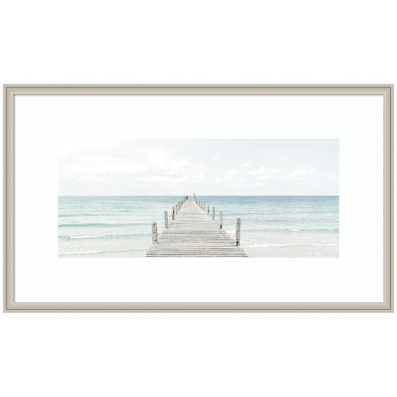Kate and Laurel Wooden Pier On The Beach by Amy Peterson Framed Wall Art Print - 42 x 25 - Silver