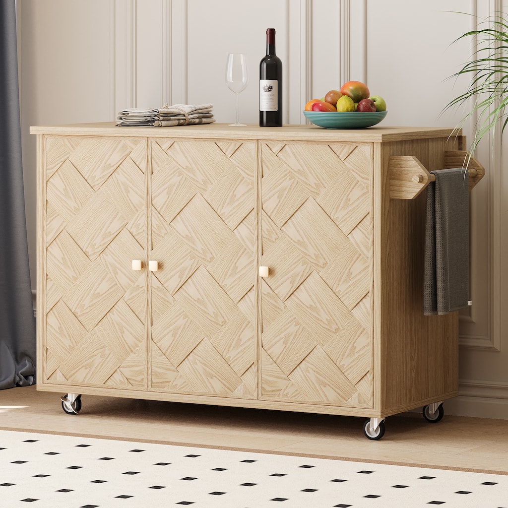 Natural Coastal Kitchen Island on Wheels with Internal Storage Rack(51-in x30-in x36-in)