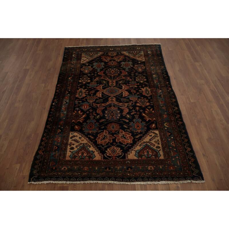 Hand Knotted Oriental 100% Wool Carpet Traditional Floral Navy Blue & Blues Hamedan Area Rug - 6' 6'' X 4' 5''