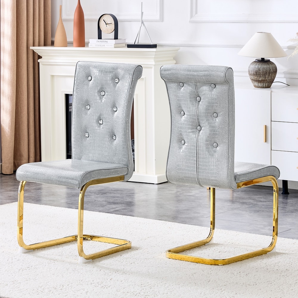 Retro Alligator-Embossed Faux Leather Dining Chairs with Crystal Buckle, Accent Upholstered Kitchen Chairs