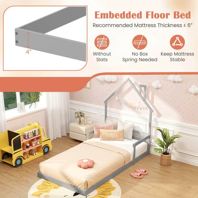 Costway Twin Size Floor Bed for Kids with Chimney Headboard & Handrail