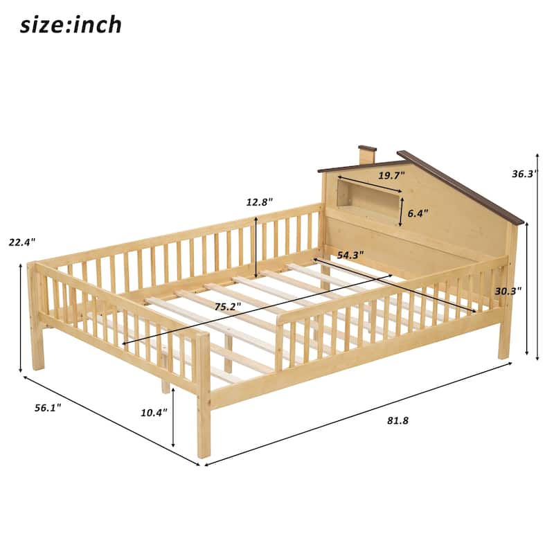 Wood Platform Bed with House-shaped Headboard, LED and Built-in Storage
