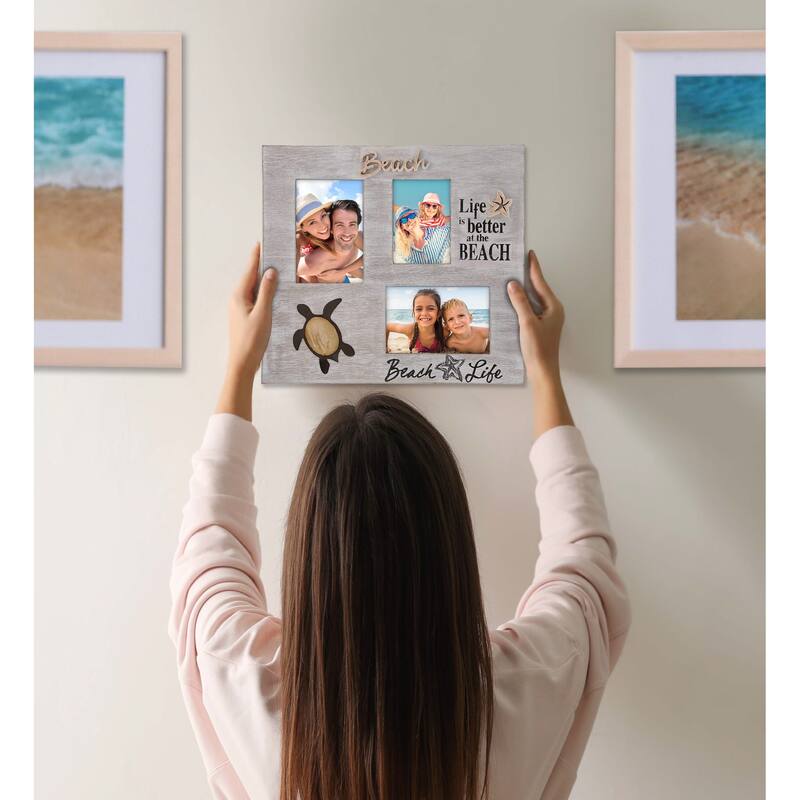 CoTa Global White Distressed Wood Coastal Sea Turtle Multi Photo Frame - 14 inches