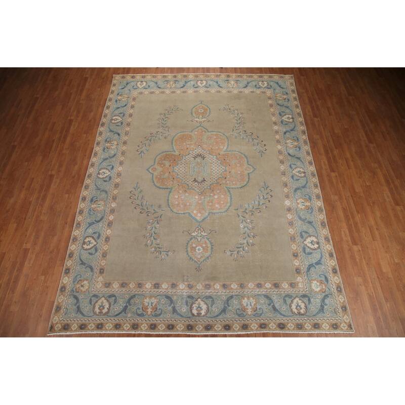 Hand Knotted Oriental 100% Wool Carpet Traditional Medallion Beige & Ivories Tabriz Area Rug - 12' 9'' X 9' 7''