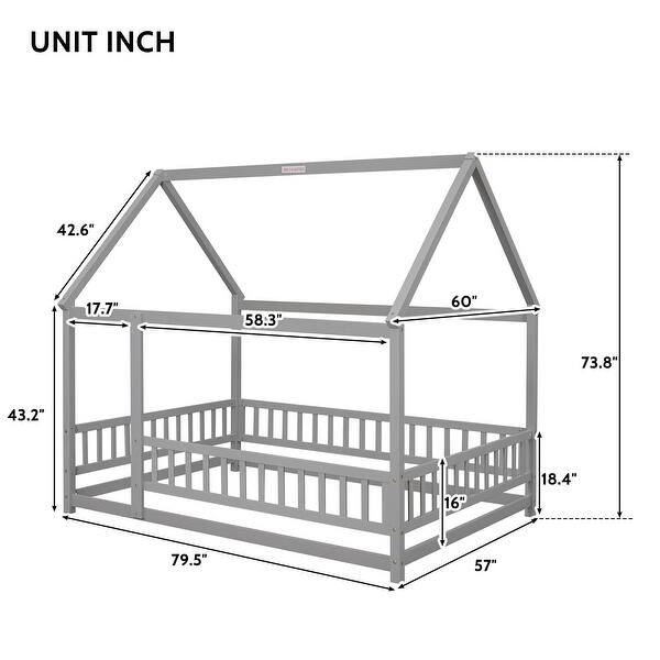 dimension image slide 0 of 3, Full Size Natural Wooden Floor Bed with House Roof Frame and Fence Guardrails - Premium Pine Wood Construction