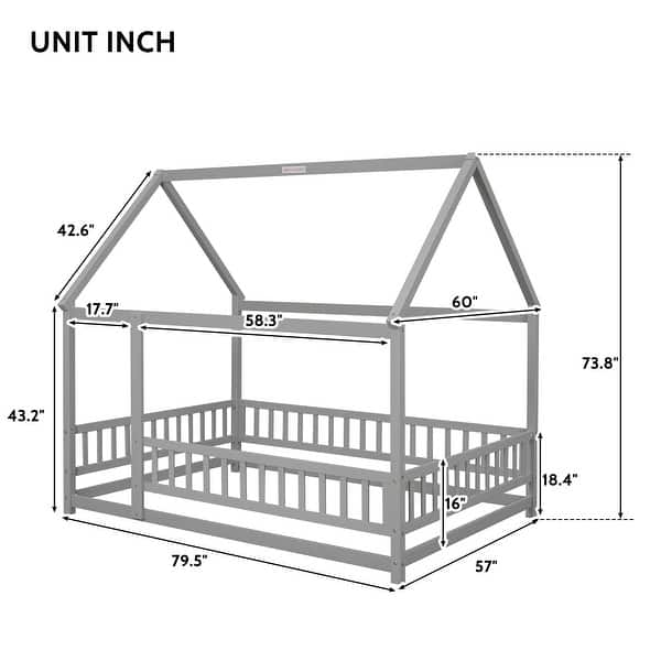 dimension image slide 3 of 4, Full Size Wooden Floor Bed with House Roof Frame and Guardrails