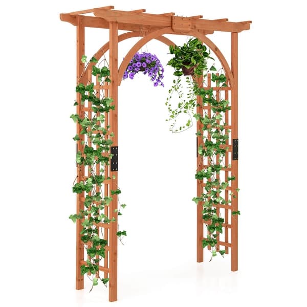 slide 2 of 10, Costway Premium Outdoor Wooden Fir Arbor Arch Pergola Trellis Wood Brown