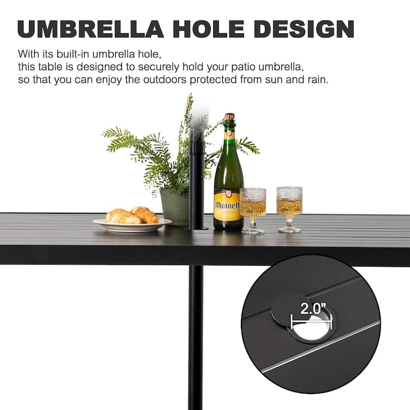 Outdoor Aluminum Dining Table with Umbrella Hole, Black