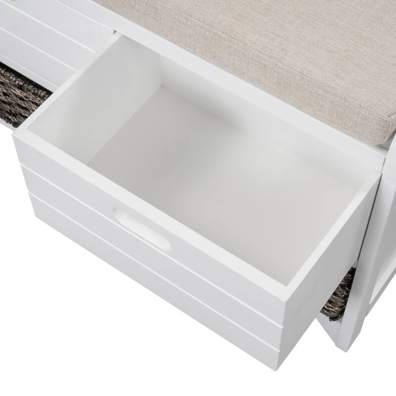 Storage Bench with Removable Basket and 2 Drawers, Fully Assembled Shoe Bench with Removable Cushion