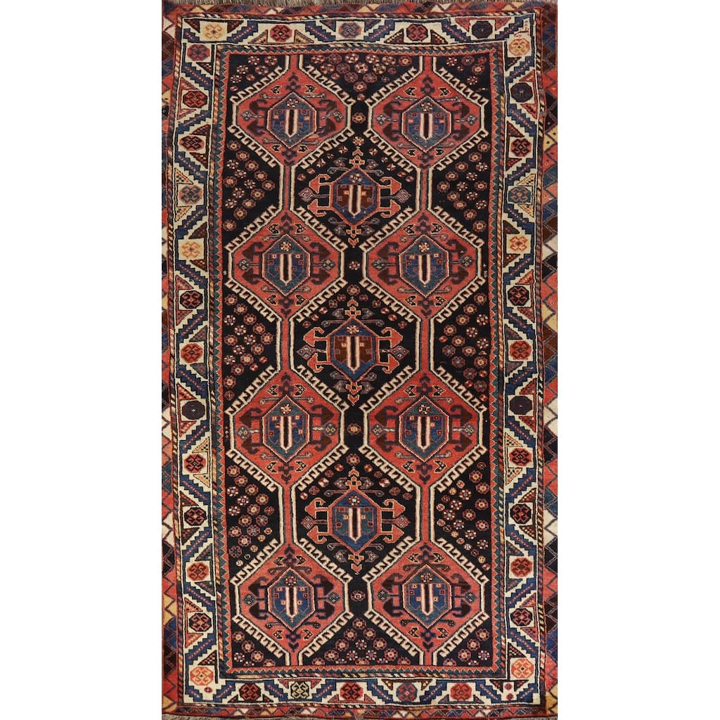 Hand Knotted Oriental 100% Wool Carpet Traditional Tribal Black Qashqai Runner Rug - 9' 5'' X 4' 6''