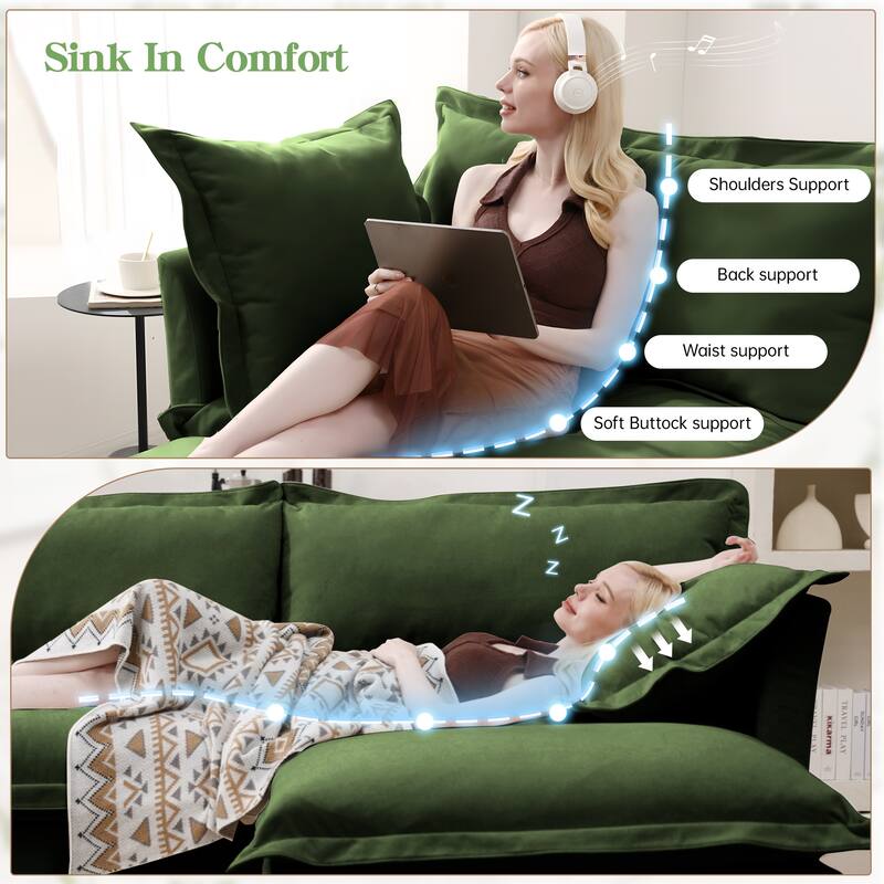 Slipcovered Chenille 2-Seater Sofa Couch with Convertible Ottoman & Soft Big Pillows