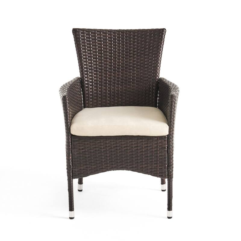 Clem Dining Chair Set of 2, Beige, Outdoor Dark Brown Wicker, Iron Frame