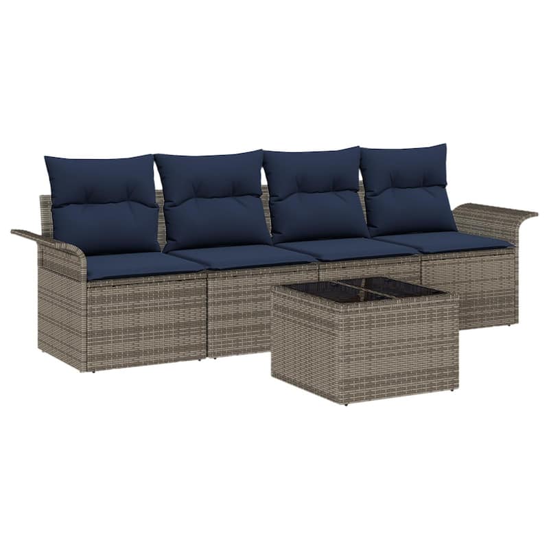 vidaXL 5-Seater Garden Sofa with Cushions Black/Brown/Grey Poly Rattan - 24.4 x 98.8 x 27.2
