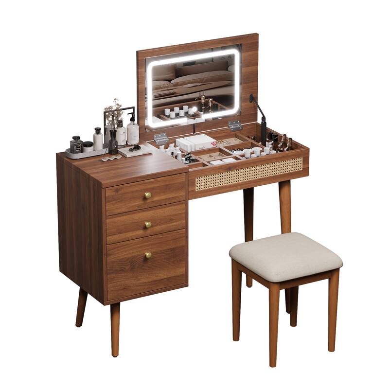 Bohemian Rattan Makeup Vanity Set with Stool, Wooden Vantiy Desk Walnut Dressing Table with Flip-Top Mirror & 3 Drawers
