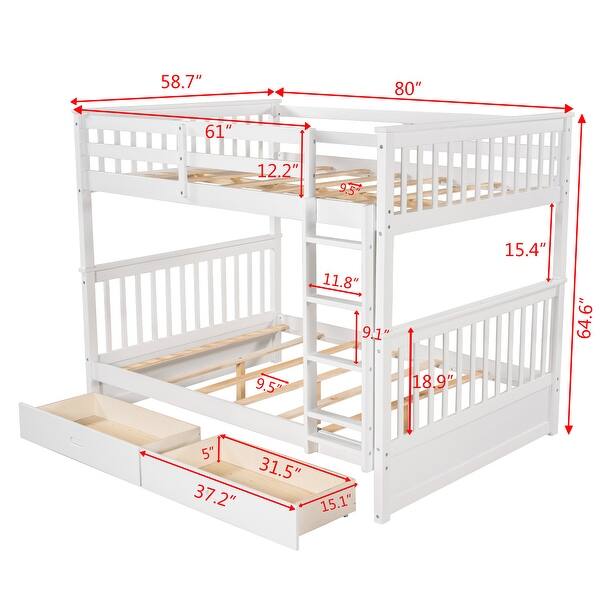 Minimalist Style Full Over Full Bunk Bed with Two Storage Drawers,Solid Pine Legs and Strong Durable Frame