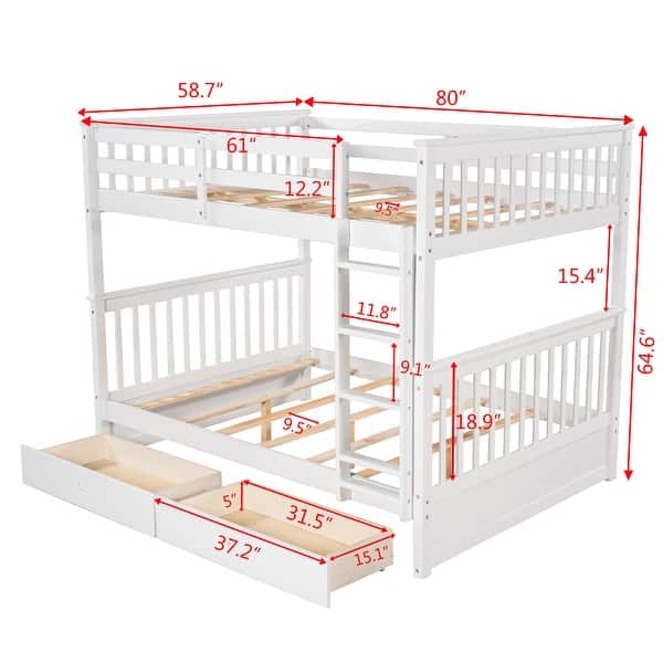 dimension image slide 0 of 5, Wooden Bunk Bed Frame with Pull Out Storage Drawers, Headboard, Footboard, Ladder, Full-length Guardrail for Kids, Teens