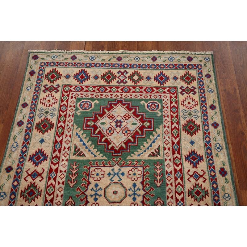 Kazak Oriental Accent Rug Handmade Green Wool Carpet - 3'3" x 4'8"