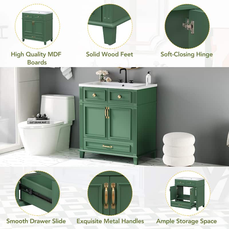 Bathroom Vanity with Resin Sink, Freestanding Cabinet with Soft Closing Doors, Bathroom Storage Cabinet with Bottom Drawer
