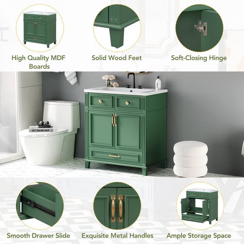 Roomfitters 30" Vanity with Resin Sink, Solid Wood Cabinet with Soft Closing Doors, Retro Freestanding Storage Style