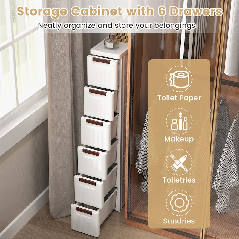 Gymax 6-Drawer Narrow Rolling Storage Cabinet w/ Pull Handles Built-in