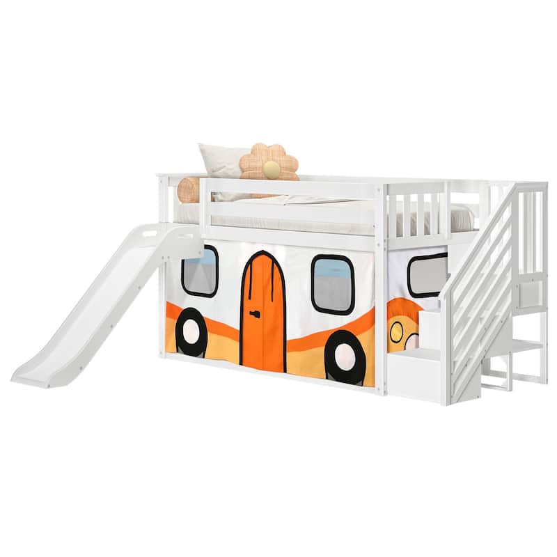 Max and Lily Classic Low Bunk with Stairs, Easy Slide and Curtain