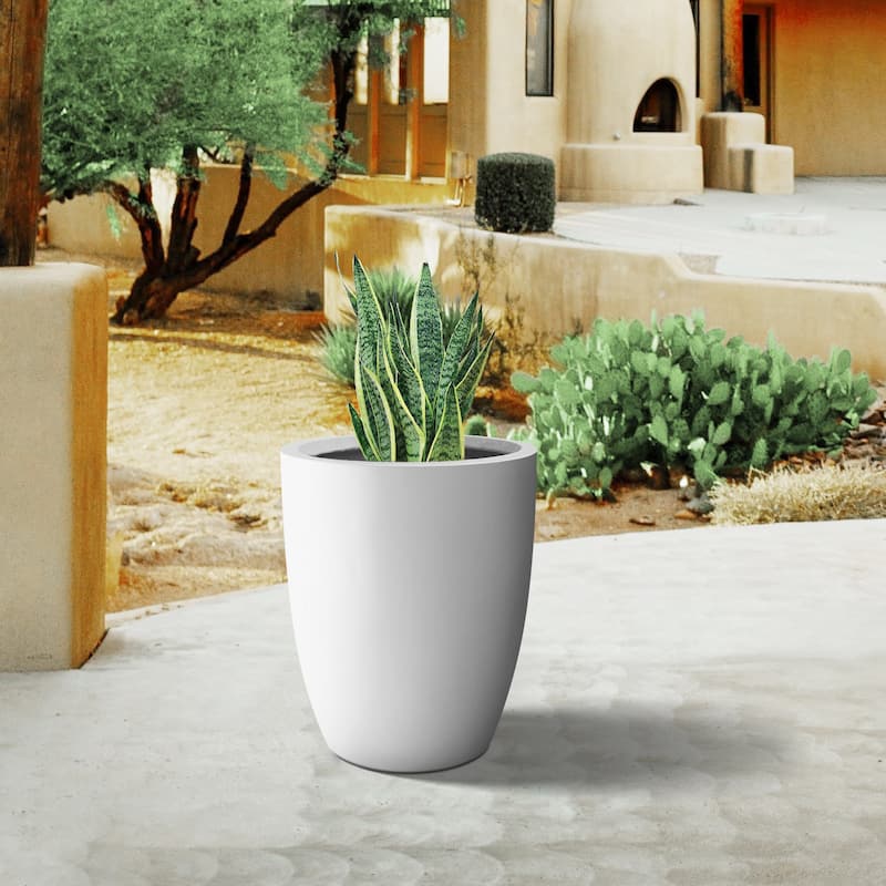 Plantara 18" H Solid White Concrete Round Flower pot, Modern planter with Drainage Hole, Outdoor Plant pot for Garden