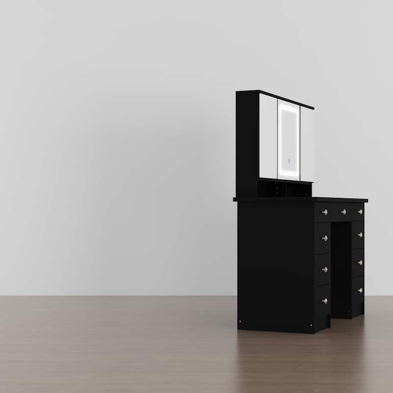 Spacious Vanity Desk with Mirrored Storage Cabinets - A Beauty Oasis