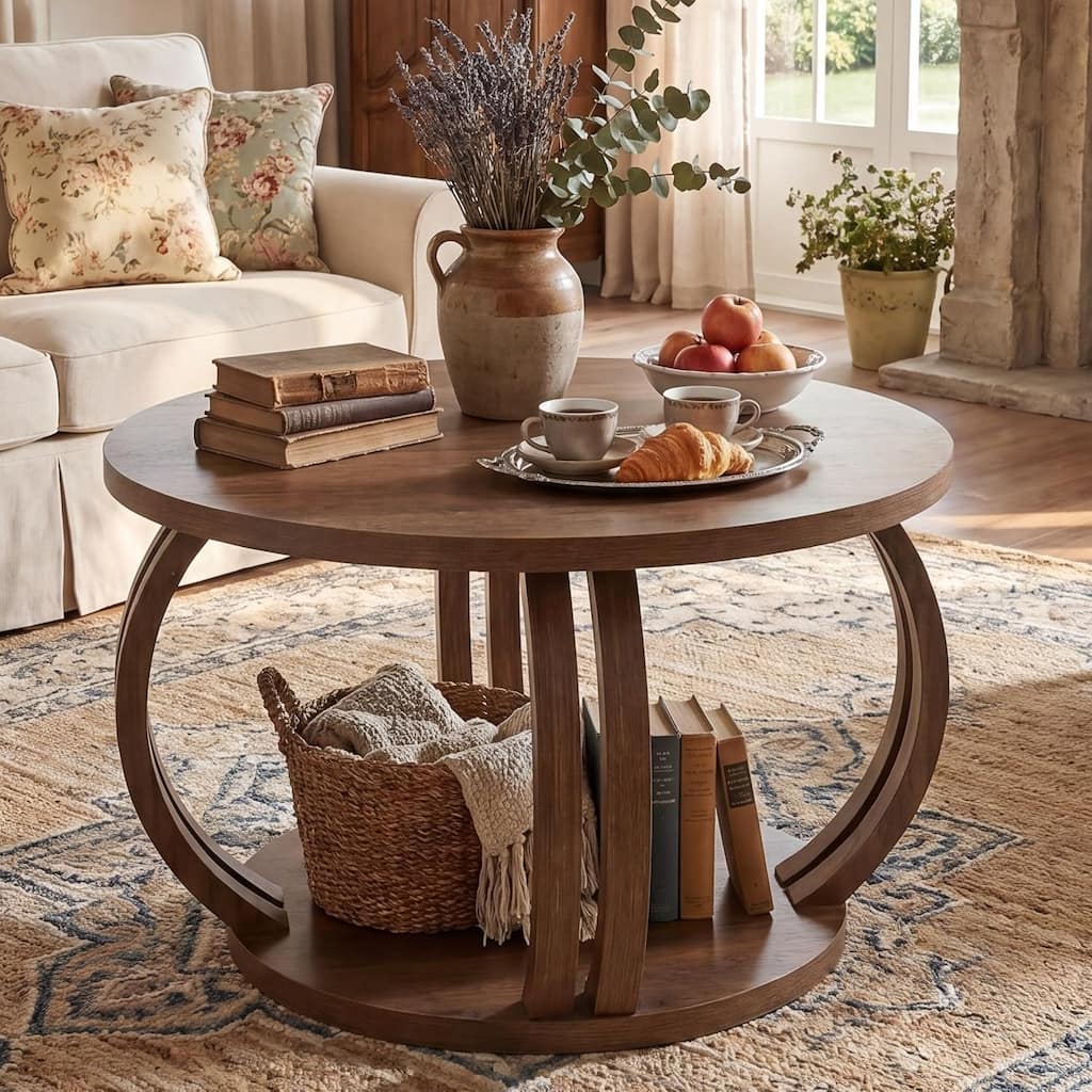 Round Coffee Table for Living Room & Small Spaces, 31.5" Modern Rustic Center Table with 2-Tier Storage Shelf