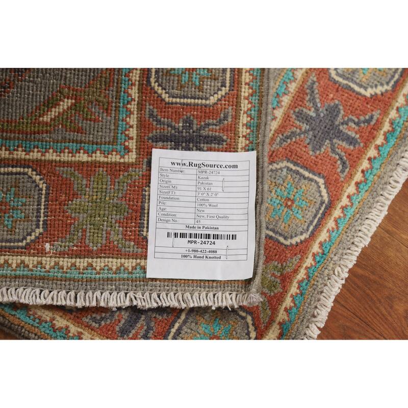 Gray Kazak Oriental Rug Hand-Knotted Traditional Wool Carpet - 2'0"x 3'0"
