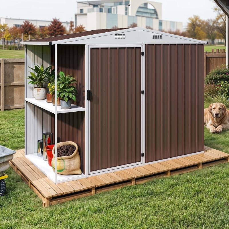 8 x 4 ft Outdoor Storage Shed with 2-Tier Shelf, Metal Tool Shed & Garden Storage Cabinet for Backyard - Brown
