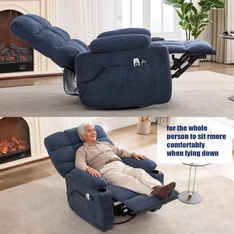 Swivel Recliner Chair with Heat & Massage, Oversized Fabric Manual Recliner Chair, Single Sofa with Cup Holders & Side Pocket