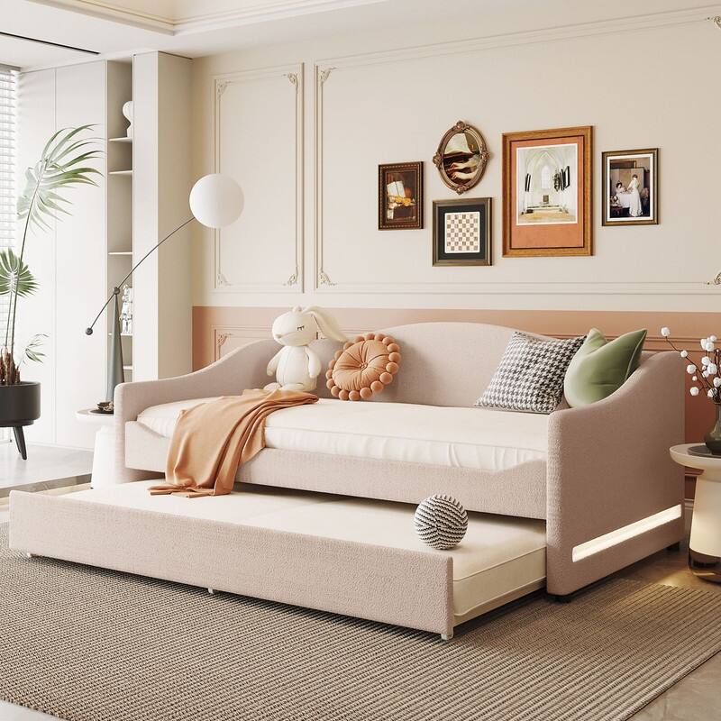Teddy Fleece Twin Size Upholstered Daybed with Light and Trundle - Beige