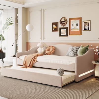 Teddy Fleece Twin Size Upholstered Daybed with Light and Trundle