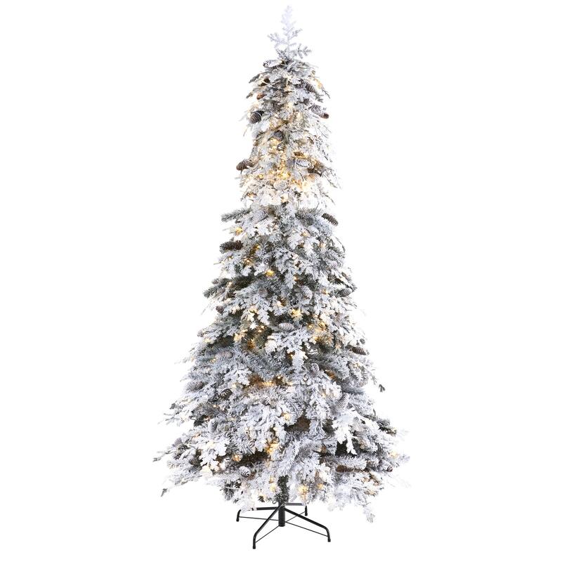 8Ft Artificial Christmas Tree with Lights & Pinecones - Holiday Decor, Winter Tree, Festive Spruce, 96" Tall - White - 96