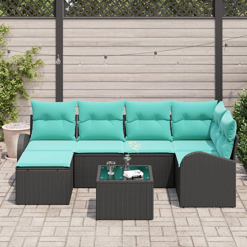 vidaXL 7 Garden Sofa Set with Cushions Black Poly Rattan - 92.1 x 48.8 x 27.2