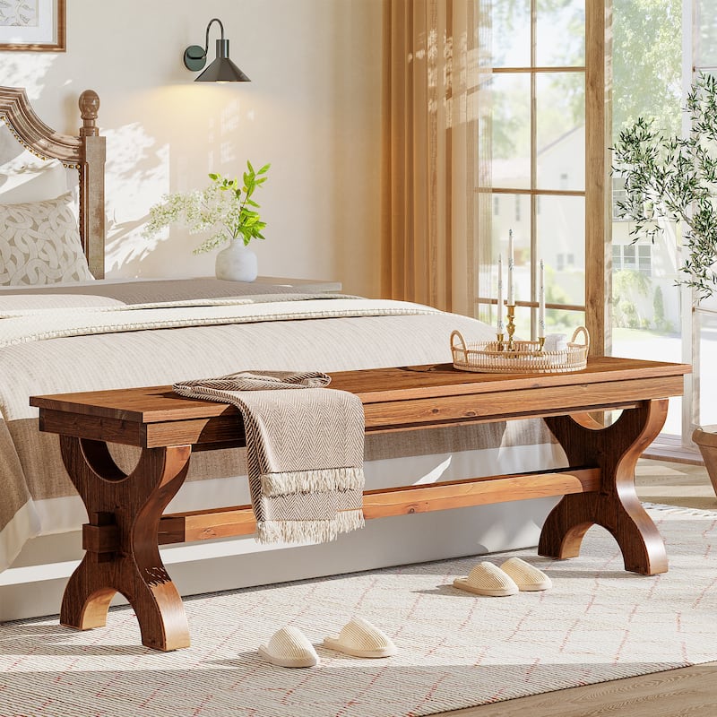 Solid Wood Entryway Bench, 55-Inch Farmhouse Indoor Bench