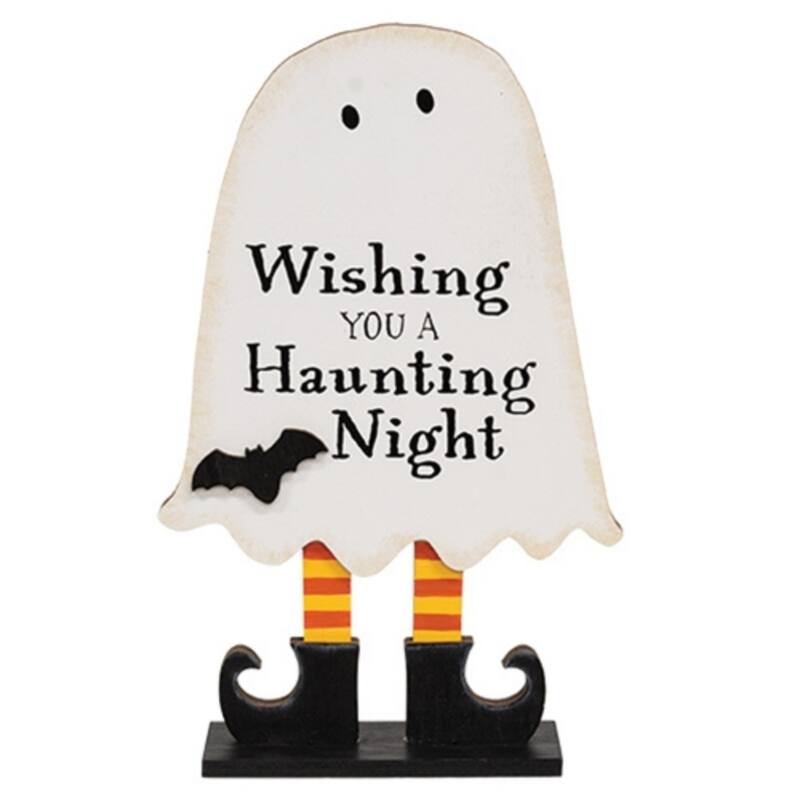 Freestanding Halloween Wooden Ghost Decor with Layered Cutout Design “Wishing You a Haunting Night” - 10.5" H x 5" W x 2" D