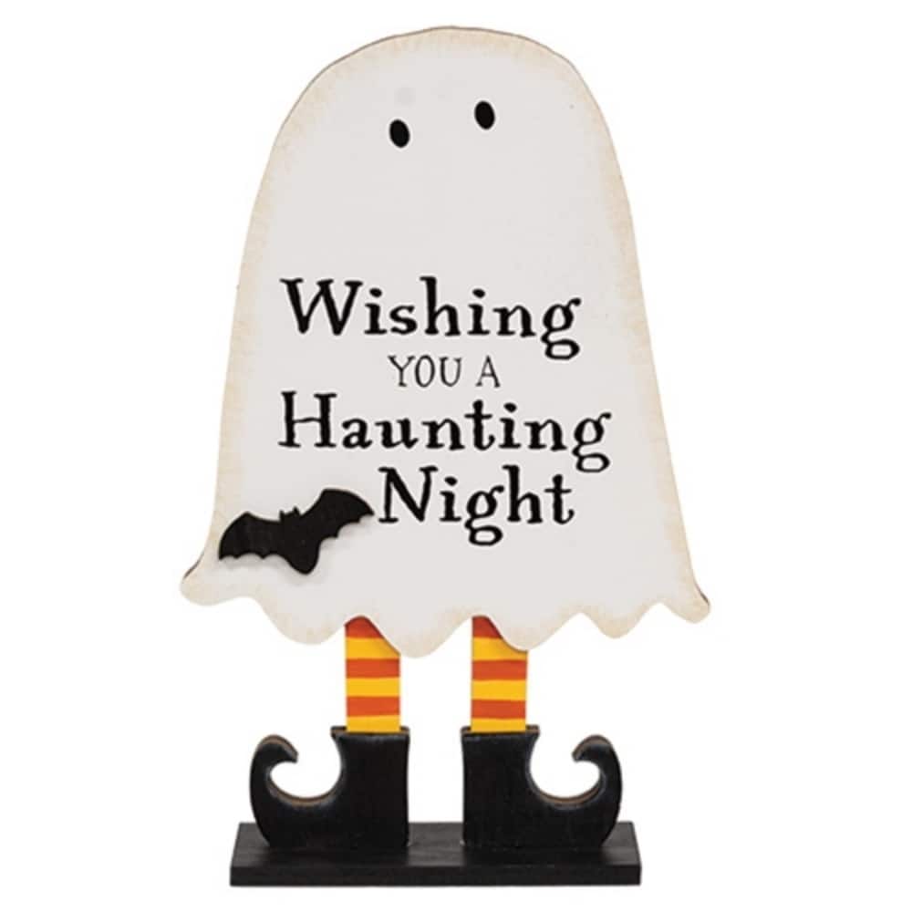 Freestanding Halloween Wooden Ghost Decor with Layered Cutout Design “Wishing You a Haunting Night” - 10.5" H x 5" W x 2" D