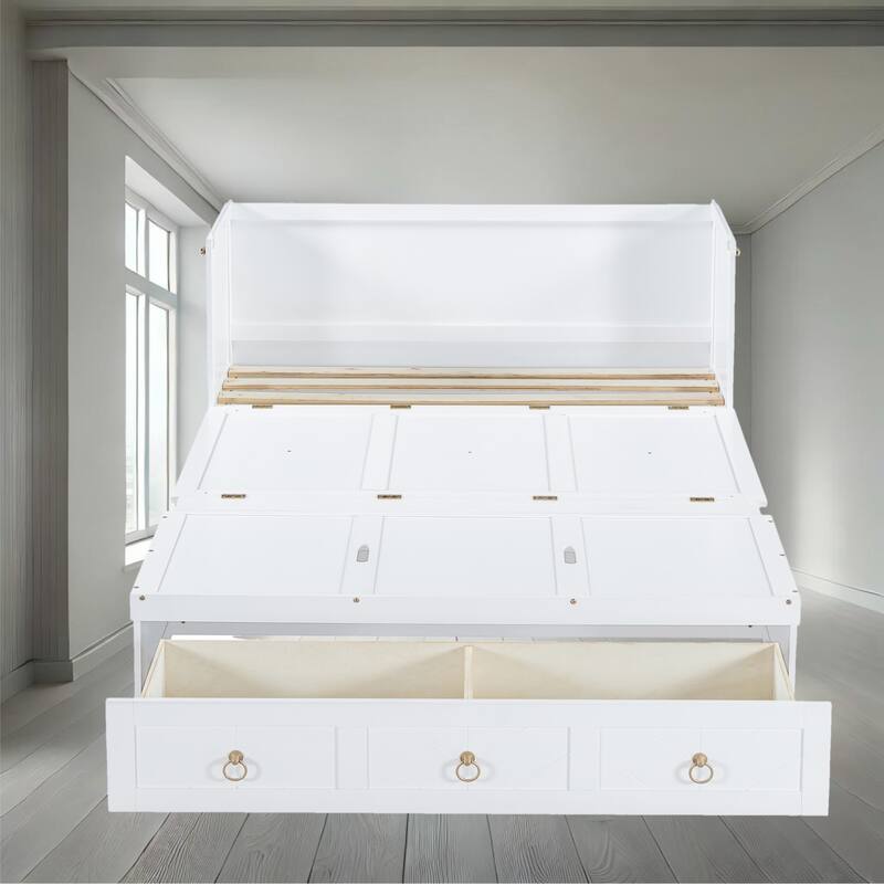 Space-Saving Full/Queen Murphy Bed with USB Charging Port, Storage Drawer, and Pine Wood Frame - White - Queen